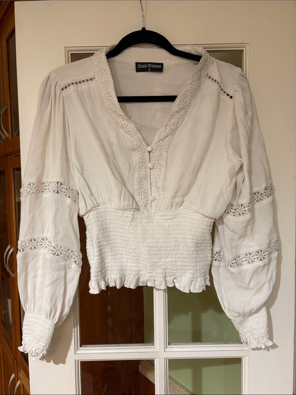 White Lace-Trim Smocked Waist Peasant Top